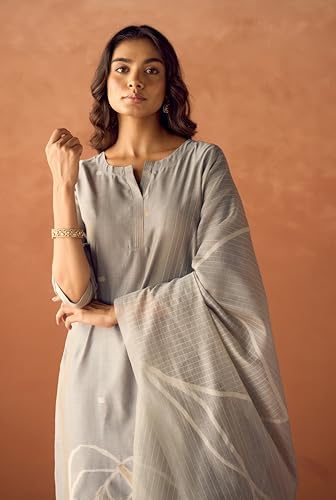 Image of FIORRA Women Grey Cotton Jacquard Woven Kurta Set with Dupatta