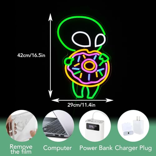 Image of Alien Donuts Neon Sign Green Alien Neon Light for Wall Decor Donuts Led Lights Up Sign for Bedroom Dessert Shop Bakery Party Decoration Gift Fast Food Shop Cool Light Sign 16.5 * 11.4 IN