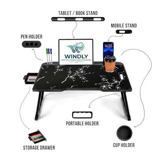 Image of WINDLY Smart Multipurpose Foldable Laptop Table with Cup Holder, Study Table, Bed Table, Breakfast Table, Foldable and Portable /Ergonomic & Rounded Edges /Non-Slip Legs