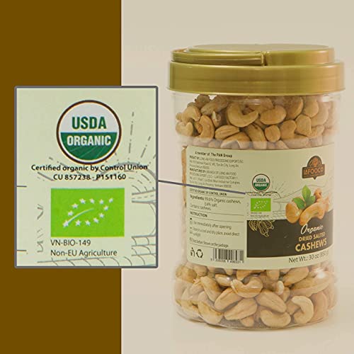 Image of LAFOOCO Organic Salted Cashews 30 oz, USDA Certified Dry Roasted Nuts | USDA & EU Organic whole cashews with sea salt, oil-free. Plant-based vegan protein snack from Vietnam. Resealable jar.
