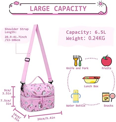 Girls Lunch Box, Chase Chic Insulated Unicorn Lunch Bag for Kids, Lightweight Waterproof Cooler Bag in Dual Compartment, Leak-Proof Lunch Organizer Snack Bag for School Picnic