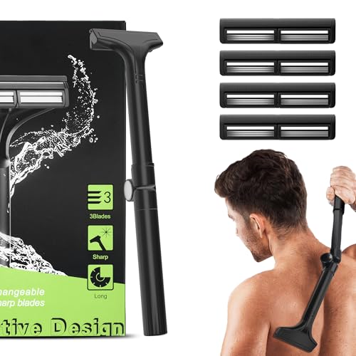 Manual Back Shaver for Men with Long Extendable Handle, Body Back Hair Trimmer for Men with 4 Replaceable Blades, Self-Service Body Groomer Razor, Wet & Dry Shaver for Easy Hair Removal