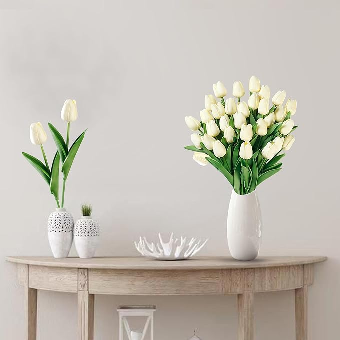 Image of Garden Art Artificial Tulip Flowers (Pack of 5) | Real Touch Silicone Single Stem Tulips for Home Decor, Living Room, Office, Vase & Wedding Decoration GAASTFB-1H-33CR (Cream)