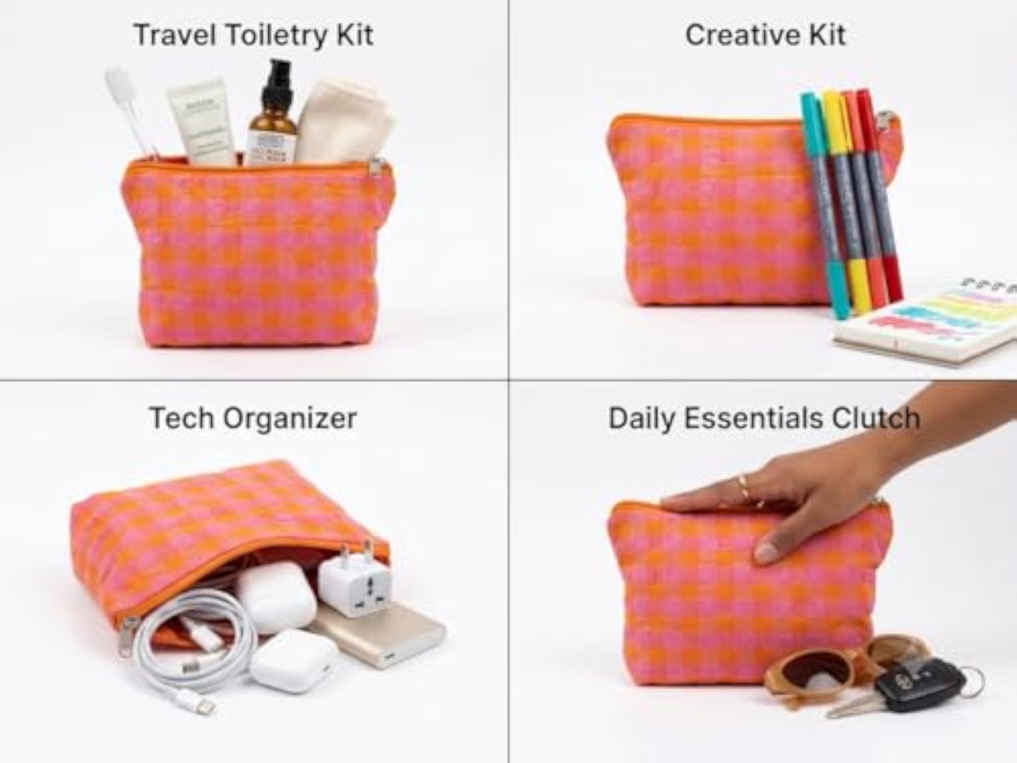 Pink and Orange Checkered Multipurpose Cotton Pouch for Travel
