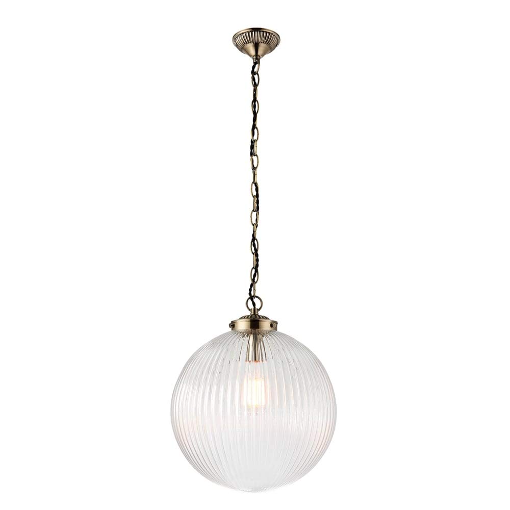 Endon Collection Brydon 1 Light Globe Pendant - Antique Brass - Clear Ribbed Glass - E27 Fitting - Gold