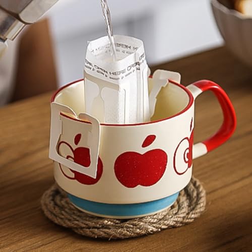 Image of Spooky Japanese Retro Ceramic Coffee Mug - 300ml Printed Stackable Cup with Handle - Creative Ins-Style Ear-Hanging Design for Milk, Tea & Espresso - Ideal Gift for Couples, Home or Cafe (Red-Apple)
