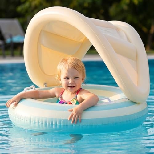 Image of Proberos Inflatable Baby Pool Float with Sun Canopy for Age 1-3, UPF 50+ Sun Protection Safe Toddler Swim Ring with Handles, Soft PVC Swim Tube, Infant Swimming Float Seat, 24-54cm