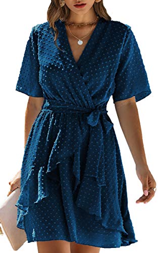 ECOWISH Women V Neck Short Sleeve Polka Dot Floral Pattern A-Line Tie Belt Short Dress with Ruffle Irregular Hem Blue XX-Large