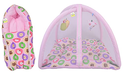 Image of Kwitchy Baby Bedding Set New Born Baby Bed | Mattress | Mosquito Net | Play Gym | Playmats | Cotton | Infants | Gift Combo | Bed with Hanging Toys (0-6 Months) Pink (2PCS Set)