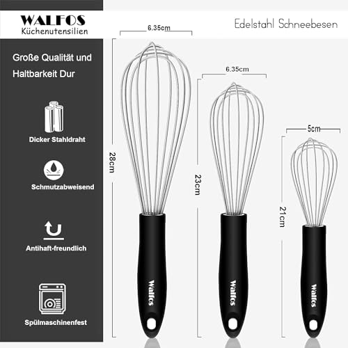 Foto von Walfos® Schneebesen Set Edelstahl, Schneebesen Edelstahl - Rührbesen 21cm + 23cm+ 28cm, Ballonschneebesen, Küchenbesen zum Mischen, Schlagen, Aufschäumen und Rühren