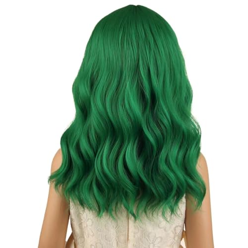 Image of PATTNIUM Kids Green Wig for Girls Green Child Wig with Bangs Short Wavy Wigs for Kids Shoulder Length Heat Resistant Synthetic Wigs