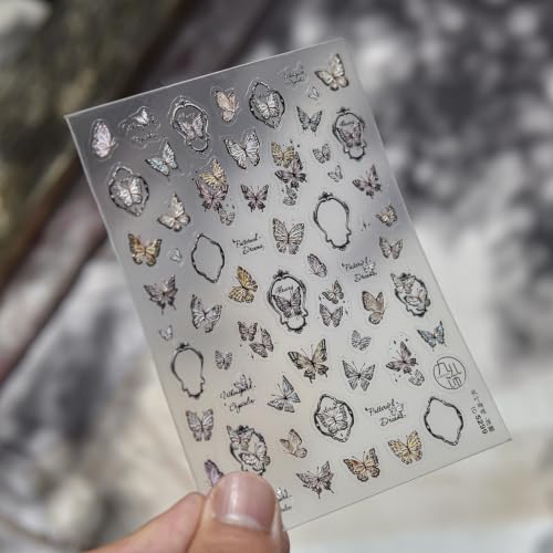 Image of Butterfly Nail Stickers Vintage Nail Decals Fall Nail Stickers for Nail Art | Autumn Brown Nail Art Stickers Metallic 5D Embossed Flower Frame for Women Manicure DIY Charms Accessories Supply 1 Sheet