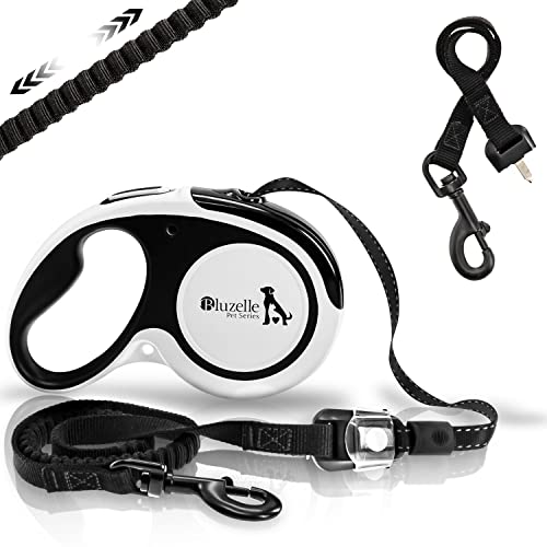bluzelle 5m Rollleine [2-in-1] mit 2 wechselbaren Leinen-Enden (70cm Stretch- & 50cm Standard-Gurt), für Hunde bis 50kg, Ausziehbare Hundeleine mit Reflektor-Streifen, Einhand-Bremssystem Soft-Stop Cover