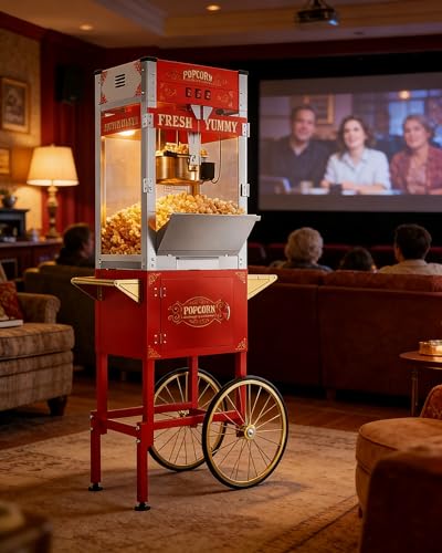 22oz Commercial Popcorn Machine with Cart, Large Popcorn Machine Makes Up to 90 Cups, Movie Theater Pop Corn Machine with Easy-Rolling wheels & Stainless-Steel Kettle, Red