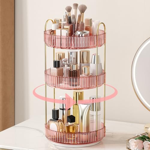 Image of 360 Rotating Makeup Organizer, Upgraded 3 Tier Skincare Perfume Organizers for Women, Bathroom Organizer Countertop, Clear Cosmetic Dresser Organizer with Makeup Brush Holder Counter(Clear Pink)
