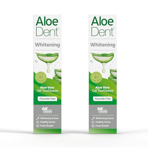 AloeDent Dentífrico Blanqueador de Aloe Vera Sin Flúor Pack de 2 x 100ml - Menta Natural, Sin SLS, Dientes Naturalmente Blancos & Encías Saludables, Vegano