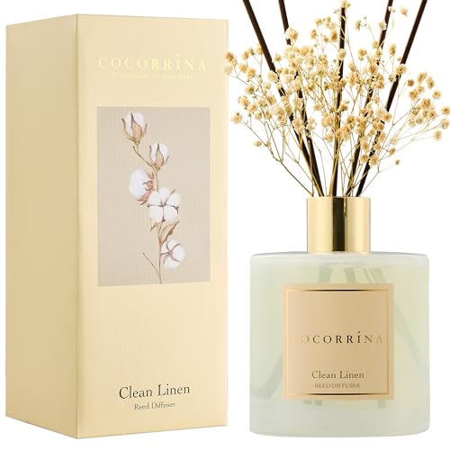 Image of COCORRINA Reed Diffuser - Clean Linen 17 Fl.oz Reed Diffuser with 8 Sticks Scented Diffuser with Preserved Flowers for Bathroom Home Decor