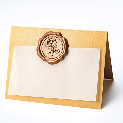 Parvigo 25 Pack Gold Name Cards for Table Setting, Place Cards with Bronze Rose Wax Seal Sticker for Wedding, Gold Table Tent Card Stock Handmade Decor for Party, Dinner, Home