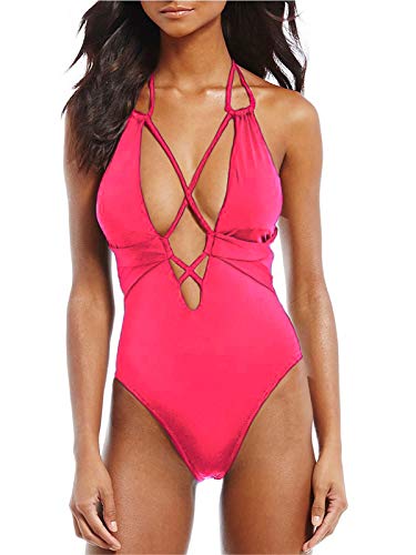 AdoreShe Women's Sexy V-Plunge One-Piece Swimsuit,Double Back Straps Bathing Suit Swimwear (Pink,A18052,XL)