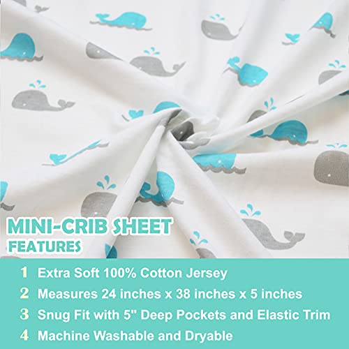 Image of TL Care Fitted Mini Crib Sheet 24 inch x 38 inch, Soft Breathable Neutral 100% Cotton Jersey Portable Sheet, Aqua Whale, for Boys and Girls, Fits Most Pack N Play and Mini Crib Mattresses (Pack of 2)