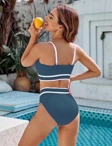 Image of BMJL Women's High Waisted Bikini Ribbed Two Piece Swimsuit High Cut Color Block Adjustable Straps Bathing Suit