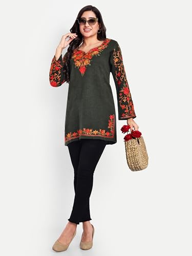 Image of HAUTEMODA Women Woollen Short Kashmiri Embroidery Phiran Kurta