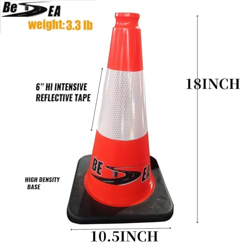 Image of (8 Cones) BESEA 18 inch inch Traffic Cones Traffic Safety Cones Black Base Construction Road Parking Cone with 6 inch Highly Reflective Collar(8Pack)