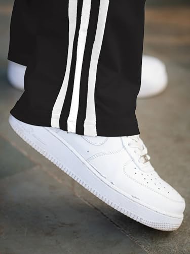 Image of Men's Track Pants with White Side Stripes | 4-Way Lycra Twill Polyester Straight Relaxed Fit Joggers | Mid-Rise Flexi Waist Lounge Bottoms
