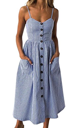 Angashion Women's Dresses-Summer Floral Bohemian Spaghetti Strap Button Down Swing Midi Dress Navy Blue Striped 2XL