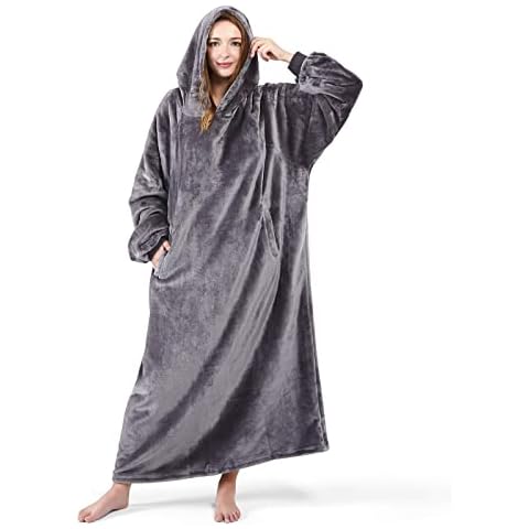 Lifewit Tragbare Hoodie Decke, warmer und kuscheliger Hoodie mit Ärmeln und Taschen, Flanell-Decken-Sweatshirt für Damen, Männer, Mittel, Grau Cover