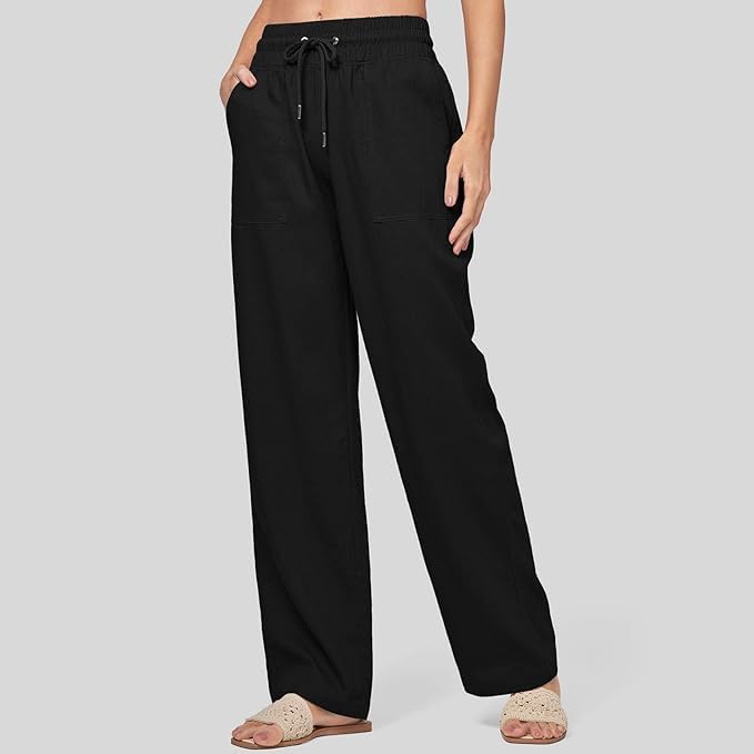 Women Linen Pants Summer Casual with Drawstring Lightweight High Waisted Wide Leg Pants with Pocket3