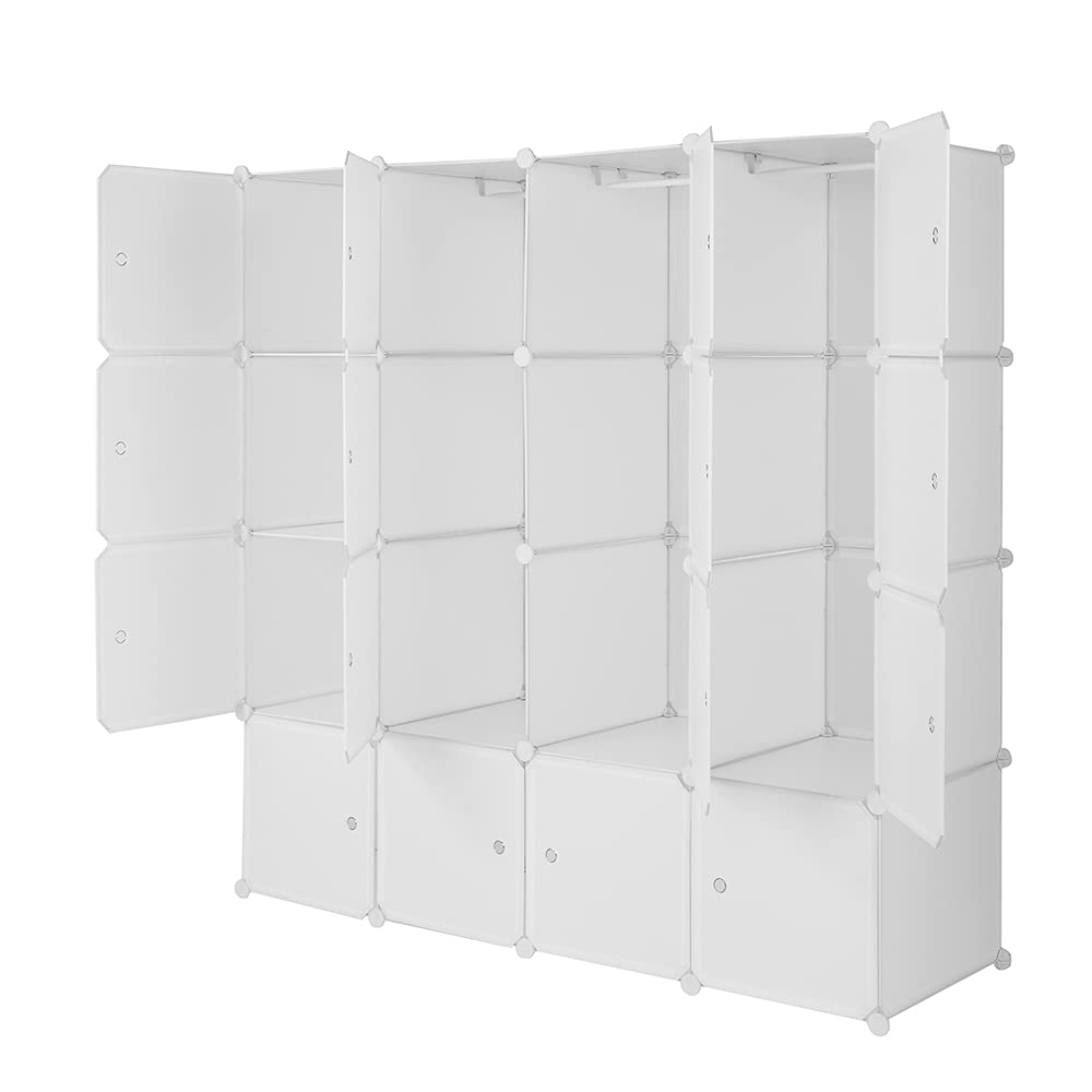 Armoire Penderie Modulable, 16 Cubes, Armoire Chambre, Étagère de Rangement avec Portes, pour Le Stockage de vêtements, Jouets, etc.. (Blanc, 140 x 45 x 140 cm)