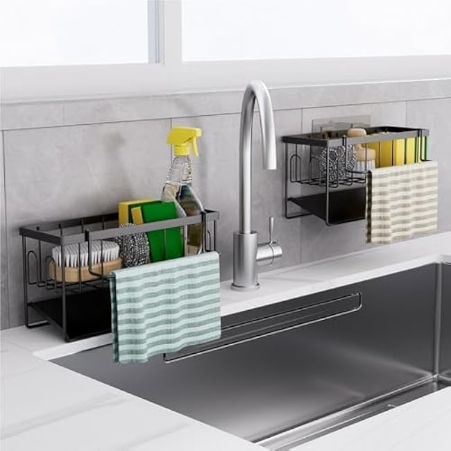 Sink Rack, Kitchen Drain Rack, Metal Sponge Holder, Storage Rack with Removable Hanging Rod, Minimalist Organizer for Kitchen Countertop, Sink Side(Black)