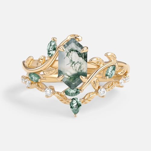 Natural Moss Agate Engagement Ring Set for Women 1CT Hexagon-cut Moss Agate Wedding Ring Set 925 Sterling Silver 10K 14K 18K Gold Bridal Ring Set4