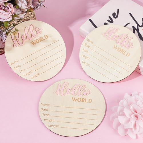 Image of 3Pcs Hello World Newborn Welcome Board 5.9Inches Newborn Announcement Sign Wooden Stat Plaque Souvenir and Gifts Pink for New parents Home Hospital Nursary Decoration