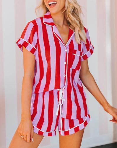 Image of NUFIWI Women 4th of July Outfits American Flag Short Sleeve Shirt Striped Shorts Lounge Set Two Piece Pajama Sleepwear