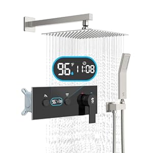 LED Digital Display Shower System – SR SUNRISE 10 Inch High Pressure Shower Head and Handheld, Thermostatic Valve, Luxury Rainfall Shower Faucet Perfect for Bathroom Remodel, Brushed Nickel