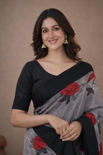 Image of Jack & Jini Women's Floral Print Pure Georgette Saree with Blouse Piece | Soft Casual & Festive Drape | Gift for Mother, Wife.