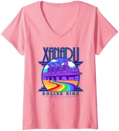 Women's Olivia Newton-John Xanadu Roller Rink Color Rainbow Logo V-Neck T-Shirt image 5