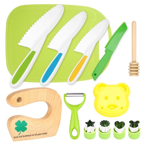 13 teiliges Kindermesser Set Kinder Sicherheit Küchenmesser mit Gemüse Ausstechformen, Holzmesser, Schneidebrett - für Kinder (13-teiliges Kleeblatt-Set)