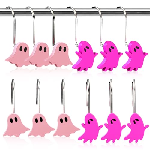 Moxweyeni 12 Pcs Pink Halloween Ghost Shower Curtain Hooks Stainless Steel Decorative Shower Rings for Bathroom Decor Cute Spooky Halloween Curtain Hangers Rustproof for Bedroom Accessories Party