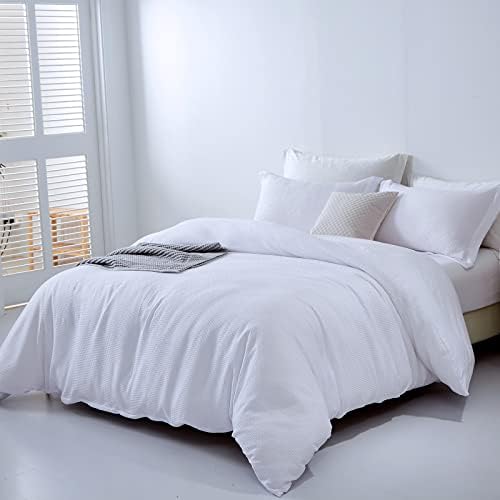 White Duvet Cover Double Size 4PCS Waffle Duvet Cover with Extra Fitted Bed Sheet Soft Microfiber Bedding Set with Zipper Closure (Waffle, Double Size)