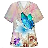SHITOUJI Damen Krankenpfleger Kasack 3D Schmetterling Motiv V-Ausschnitt Kurzarm Schlupfkasack Schlupfhemd Berufsbekleidung mit Taschen Kosmetikerin Berufskleidung Nurse Uniform T-Shirt Tuniki Bluse