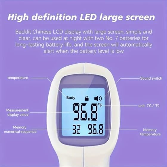 Thermomètre infrarouge à tête avant sans contact pour adultes & Les enfants, vite 1 Deuxième scanner numérique de température avec alarme de fièvre, mode Mute, rétroéclairé LCD Affichage & Rappel de mémoire