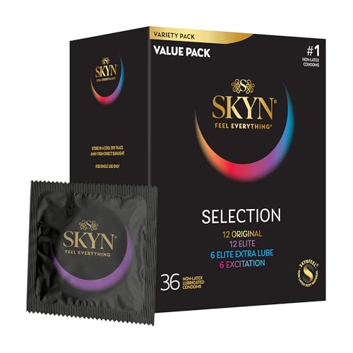 SKYN Selection Non-Latex Condoms, Regular Fit Variety Pack Contains SKYN Elite, Original, Excitation, Extra Lube, Condoms, 36 Count