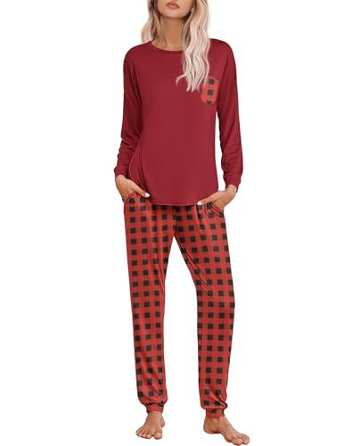 Ekouaer Pigiama Donna Pigiama a Quadri Donna Lungo Pigiama da Donna Cotone Leggero con Girocollo Pigiama 2 Pezzi Donna con Tasca Sciolto Accogliente, S