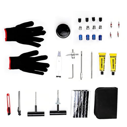 Oreilet Kit Reparación Neumáticos, 60 Piezas Kit Reparación Pinchazos Neumáticos Emergencia para Mantenimiento, con Tiras Goma, Núcleos Válvulas, Tapas Válvulas, Tuercas Cobre (Black)