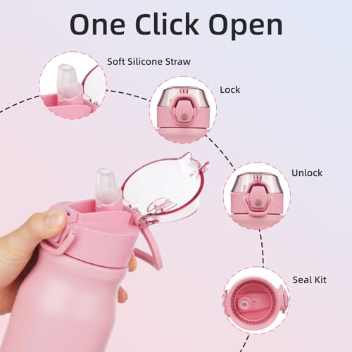 Image of BJPKPK 25 oz Insulated Water Bottle, Straw, Handle, Stainless Steel Flask | Leak Proof Locking Lid, Thermal, Double Wall Vacuum, Keeps Hot /Cold, BPA Free, Dishwasher Safe, Travel & Sports, Light Pink