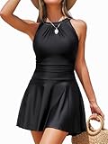 Smismivo High Neck Swim Dress Women Tummy Control Slimming One Piece Swimdress Modest Swimsuit 2025 Mesh Full Coverage Skirt Bathing Suit Ruched Swimwear Long Torso1 Piece Elegant Swimming Black L