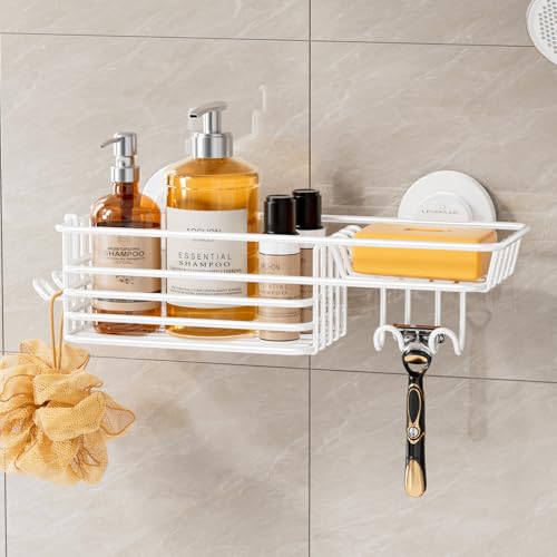 Image of LEVERLOC Shower Caddy Suction Cup, Heavy Duty Bathroom Organizer | Shower Organizer for Inside Shower with Hooks & Soap holder, NO-Drilling Bathroom shelves-White